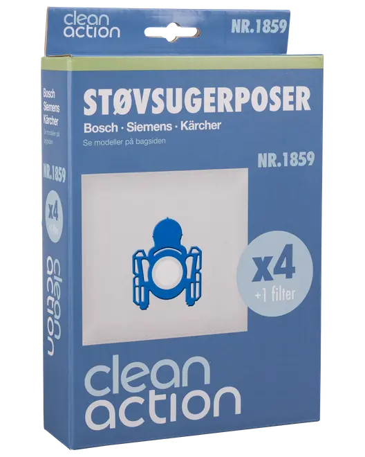 Clean Action støvsugerposer til Bosch, Siemens og Kärcher. Indeholder 4 poser og 1 filter. Modelnummer 1859. Blå og hvid emballage.