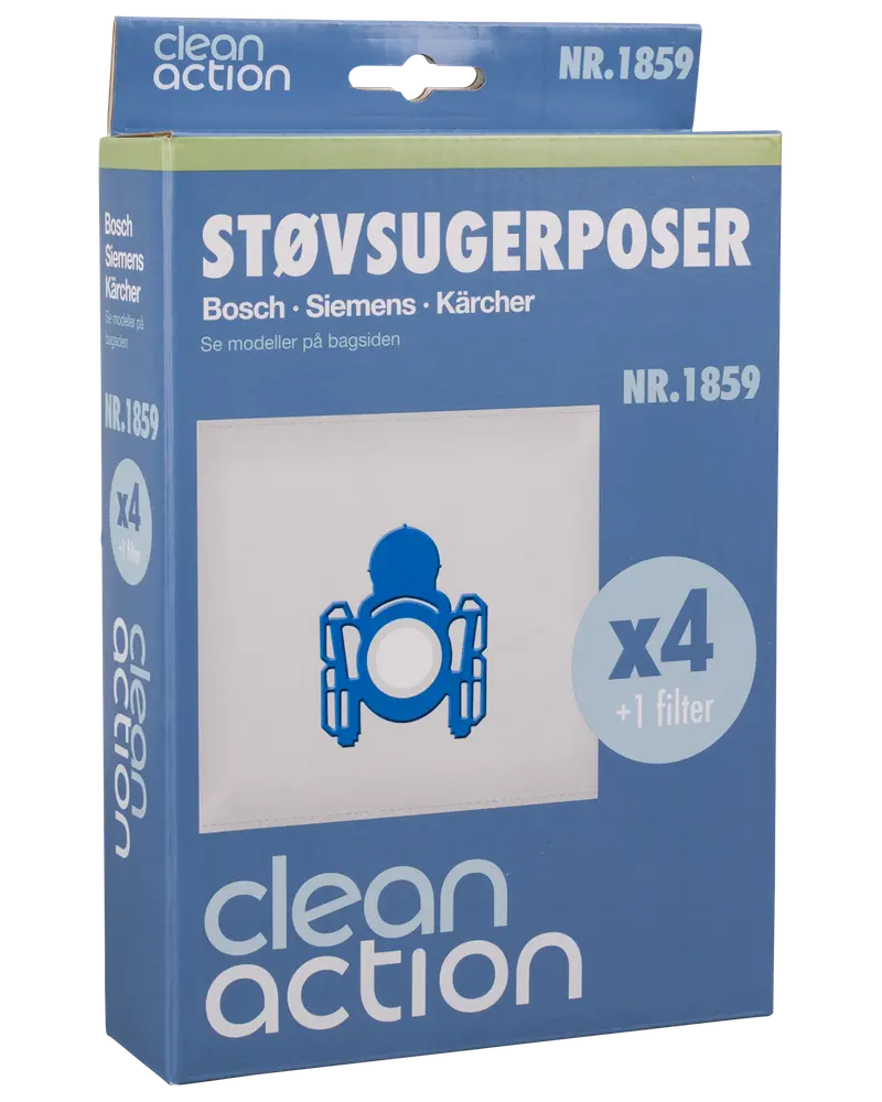 Clean Action støvsugerposer til Bosch, Siemens og Kärcher. Indeholder 4 poser og 1 filter. Modelnummer 1859. Blå og hvid emballage.