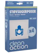 Clean Action støvsugerposer til Bosch, Siemens og Kärcher. Indeholder 4 poser og 1 filter. Modelnummer 1859. Blå og hvid emballage.