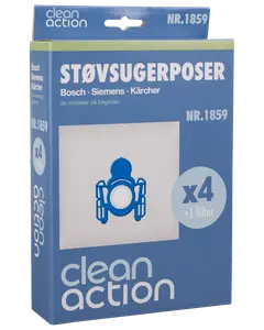 Clean Action dammsugarpåsar för Bosch, Siemens och Kärcher. Innehåller 4 påsar och 1 filter. Modellnummer 1859. Blå och vit förpackning.