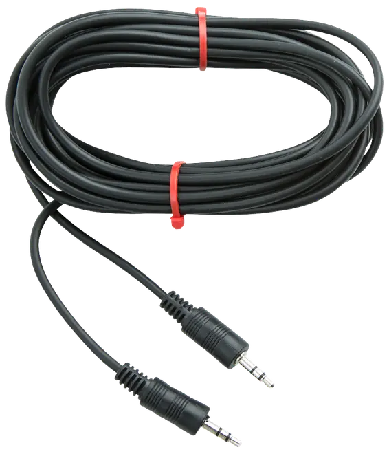 Svart 3,5 mm aux-ljudkabel med två han-kontakter, lång längd och flexibel gummibeläggning, passar till hörlurar, högtalare eller bilstereo.