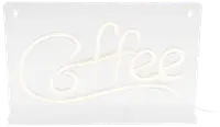 A decorative sign featuring the word 'Coffee' written in a flowing, cursive script. The lettering is illuminated with a soft white neon light, mounted on a clear rectangular acrylic backing. The design is modern and eye-catching, suitable for display in kitchens, cafes, or coffee shops.