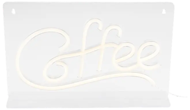 Et dekorativt skilt med ordet 'Coffee' skrevet i en flydende, kursiv skrifttype. Bogstaverne er oplyst med blødt hvidt neonlys og monteret på en klar, rektangulær akrylplade. Designet er moderne og iøjnefaldende, velegnet til udstilling i køkkener, caféer eller kaffebarer.