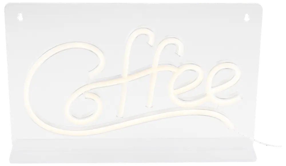 A decorative sign featuring the word 'Coffee' written in a flowing, cursive script. The lettering is illuminated with a soft white neon light, mounted on a clear rectangular acrylic backing. The design is modern and eye-catching, suitable for display in kitchens, cafes, or coffee shops.