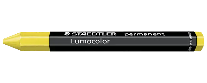 Svart Staedtler Lumocolor permanent marker med gul spets och ände, slank kropp, tillverkad i Tyskland.