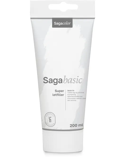 Tube med Sagacolor Sagabasic Super Letfiller, 200 mL. Hvid emballage med grå detaljer, velegnet til hurtige reparationer og minimal krympning. Nem at påføre for glat overflade.