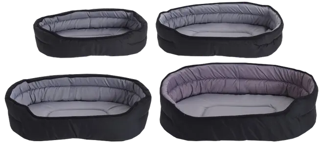Fyra ovala djurbäddar i olika storlekar, med vadderad grå insida och svart utsida, upphöjda kanter för komfort och stöd. Passar hundar eller katter.
