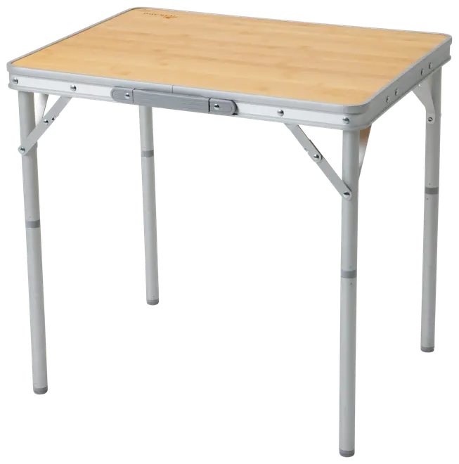 Rektangulært foldebord med lyst træbordplade og sølvfarvede metalben. Justerbar højde, let og bærbart design, ideelt til camping, picnic eller ekstra arbejdsplads inde og ude.