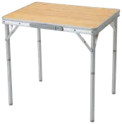 Rektangulært foldebord med lyst træbordplade og sølvfarvede metalben. Justerbar højde, let og bærbart design, ideelt til camping, picnic eller ekstra arbejdsplads inde og ude.