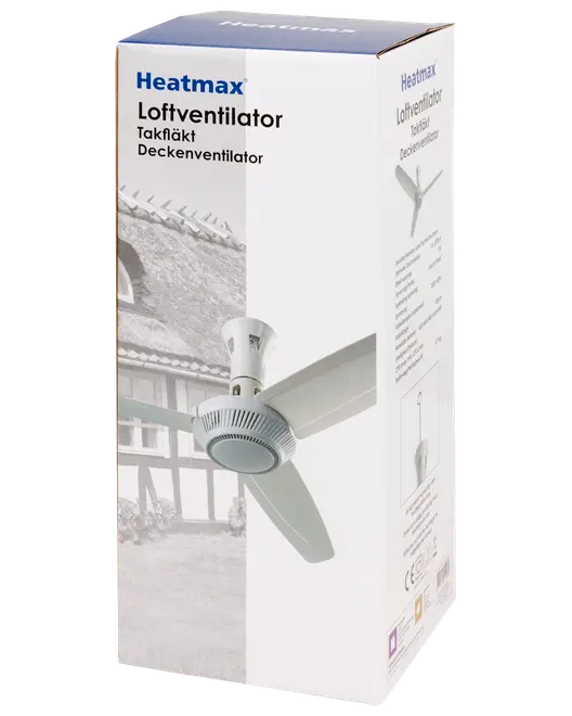 Heatmax loftventilator, hvid, tre vinger, moderne design. Leveres i rektangulær kasse med produktbillede og specifikationer på siden. Velegnet til montering i loft.