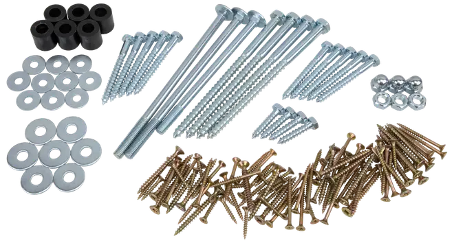 Sæt med forskellige skruer, skiver, møtrikker og gummibøsninger i flere størrelser. Velegnet til bygge- eller samlingsprojekter. Alle dele er af metal eller gummi.