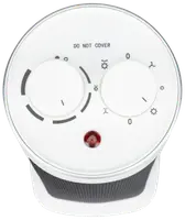 Kompakt elektrisk värmefläkt med två rattar för temperatur och effekt, indikatorlampa samt varningstexten 'Do Not Cover' på ovansidan. Svart galler, vit hölje.