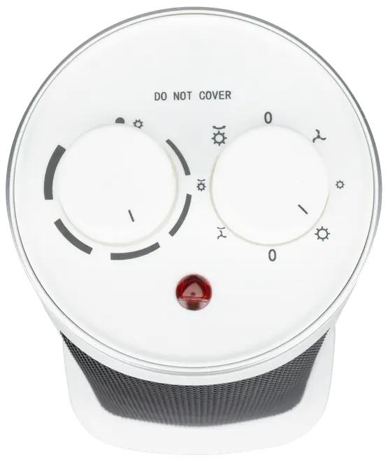 Kompakt elektrisk varmeblæser med to drejeknapper til temperatur og effekt, indikatorlampe og advarslen 'Do Not Cover' på toppen. Sort gitterfront, hvidt kabinet.