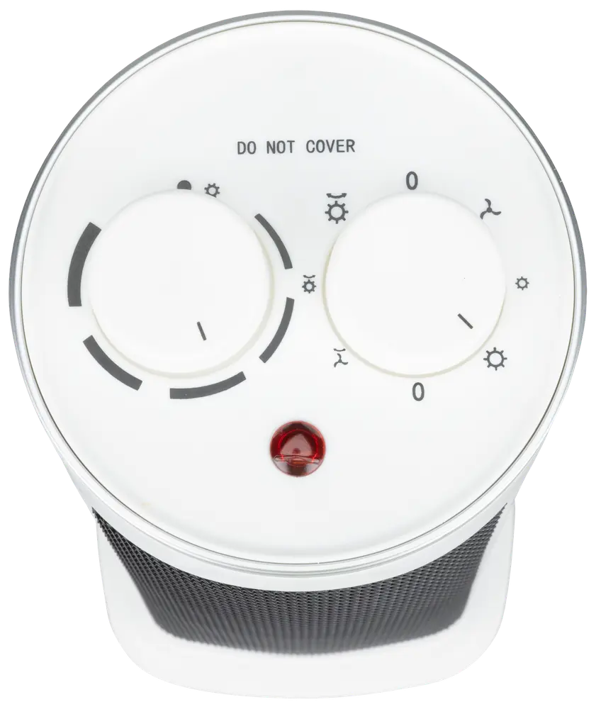 Kompakt elektrisk värmefläkt med två rattar för temperatur och effekt, indikatorlampa samt varningstexten 'Do Not Cover' på ovansidan. Svart galler, vit hölje.