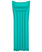 Turkos uppblåsbar badmadrass med inbyggd kudde, vertikala luftkanaler och slät yta. Passar en person, perfekt för pool eller solbad.