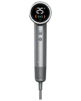 Elegant sølv hårtørrer med digitalt display, der viser temperatur, to kontrolknapper og perforeret nederste sektion for luftstrøm. Moderne, ergonomisk design til professionel eller hjemmebrug.
