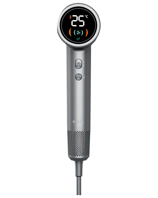 Elegant sølv hårtørrer med digitalt display, der viser temperatur, to kontrolknapper og perforeret nederste sektion for luftstrøm. Moderne, ergonomisk design til professionel eller hjemmebrug.