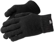 Et par sorte strikkede handsker med ribbede manchetter og lille logomærke ved håndleddet. Blødt, varmt materiale, unisex design, én størrelse passer de fleste.