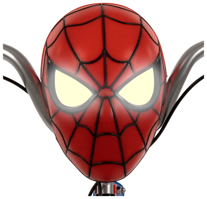Spider-Man vägglampa formad som hans mask, med lysande vita ögon, röd texturerad yta, svarta nätlinjer och metallarmar som liknar spindelnät på sidorna.