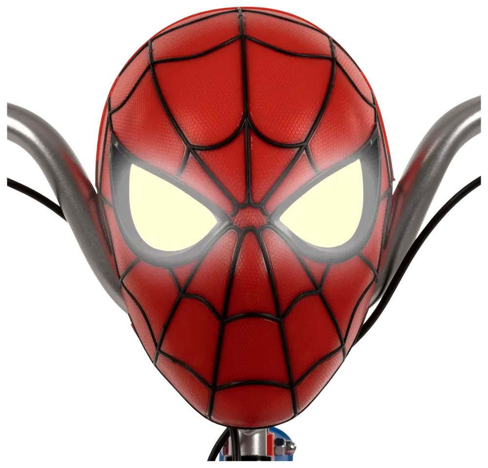 Spider-Man vägglampa formad som hans mask, med lysande vita ögon, röd texturerad yta, svarta nätlinjer och metallarmar som liknar spindelnät på sidorna.