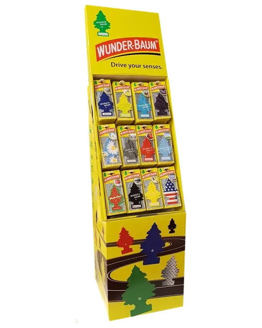Display med forskellige Wunder-Baum bildufte i træformede designs og farver, individuelt pakket, velegnet til ophængning i bilen for frisk duft.