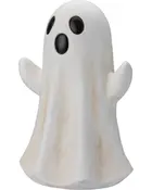 Keramisk spøgelsesfigur med hvid krop, sorte ovale øjne og mund. Hævede arme, mat finish, perfekt til Halloween dekoration. Står oprejst, enkel og sød stil.