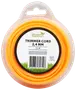 Orange trimmertråd, 2,4 mm tjock, 15 meter lång, förpackad i rund plastbehållare med upphängning, passar grästrimmers och trädgårdsarbete.