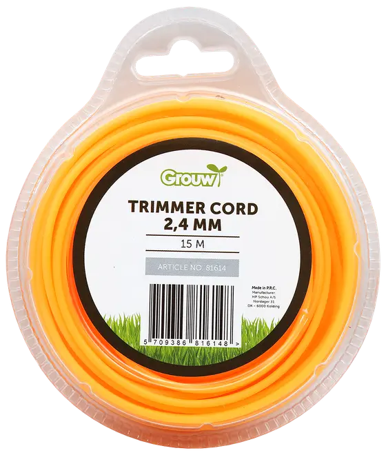 Orange trimmertråd, 2,4 mm tjock, 15 meter lång, förpackad i rund plastbehållare med upphängning, passar grästrimmers och trädgårdsarbete.