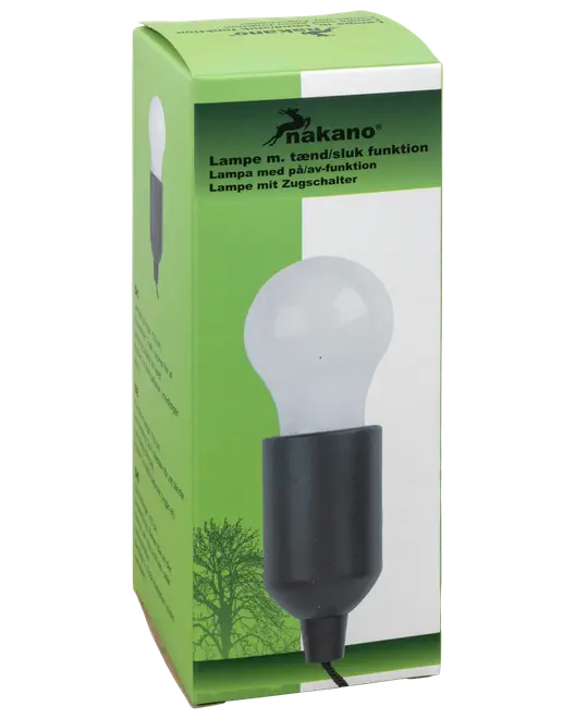 Nakano lampe med tænd/sluk funktion, pære inkluderet, sort sokkel, træksnor, egnet til indendørs brug. Leveres i grøn og hvid æske med produktbillede og detaljer.