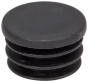 Svart rund plaständhylsa med räfflade sidor, avsedd för att passa i änden av ett rör för skydd och snygg finish. Hållbar och enkel att montera.