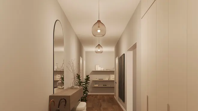 Moderne badeværelse med stort buet spejl, svævende vask, pendellamper, åbne hylder og neutrale toner. Trægulv og minimalistisk indretning giver et elegant udtryk.