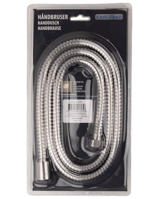Flexibel silverfärgad duschslang med metallkopplingar, förpackad i klar plast. Passar till handduschar, hållbar och enkel att installera i badrum.