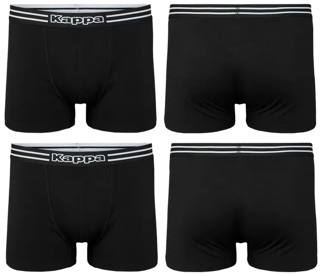 Sæt sorte herre boxershorts med elastisk linning, 'Kappa' logo og hvide striber. Viser for- og bagside. Blødt, tætsiddende design for komfort og daglig brug.