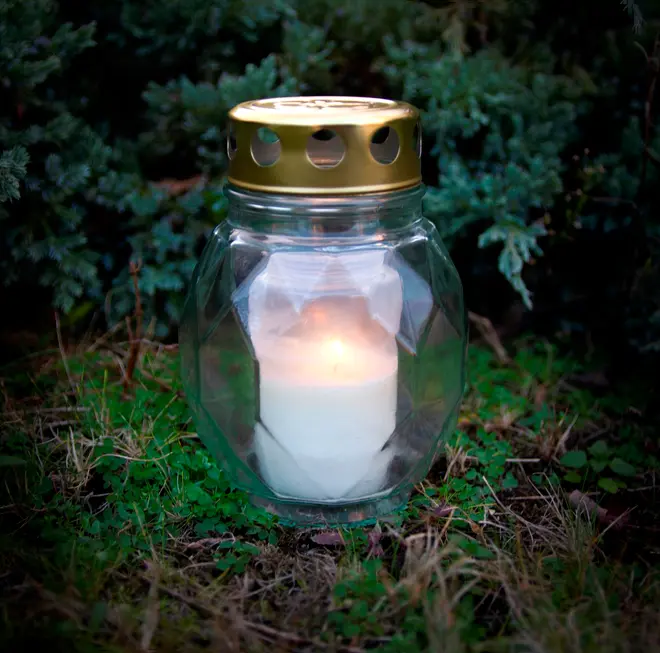 Gravljus i glas med gyllene metallock, vitt stearinljus inuti. Vindskyddad, för utomhusbruk vid gravplatser. Lång brinntid, placerad på gräs omgiven av växter.