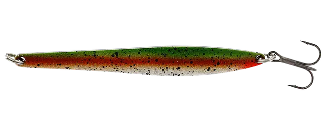 Slankt fiskegarn med grøn ryg, orangebrune sider, sølvfarvet bug, sorte prikker og to trekroge.