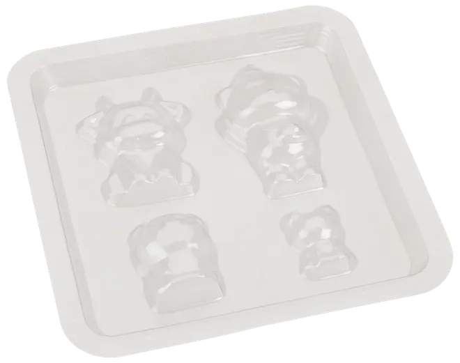 Gennemsigtig plastikform med fire dyreformede hulrum, perfekt til at lave chokolade eller slik. Indeholder detaljerede designs af ko, bjørn og andre dyr.