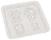 Gennemsigtig plastikform med fire dyreformede hulrum, perfekt til at lave chokolade eller slik. Indeholder detaljerede designs af ko, bjørn og andre dyr.