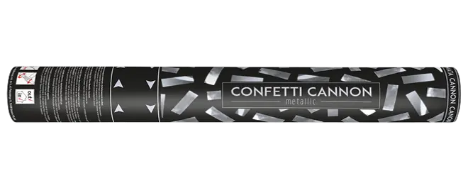 Sort metallic konfettikanon med sølvkonfetti-design, mærket 'Confetti Cannon metallic'. Engangs festartikel, der aktiveres ved at dreje for at udsende metallic konfetti.