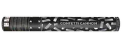 Sort metallic konfettikanon med sølvkonfetti-design, mærket 'Confetti Cannon metallic'. Engangs festartikel, der aktiveres ved at dreje for at udsende metallic konfetti.