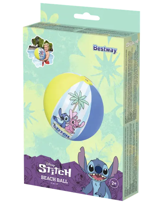 Disney Stitch strandbold til børn fra 2 år, med blå og gule felter og Stitch-motiv. Fremstillet af holdbart plastik, velegnet til pool og strand.