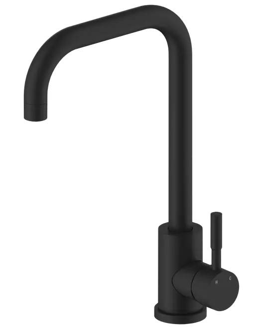 Mat sort køkkenarmatur med høj buet tud og enkelt greb til varmt og koldt vand. Moderne, minimalistisk design til nutidens køkkener.