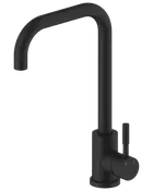 Mat sort køkkenarmatur med høj buet tud og enkelt greb til varmt og koldt vand. Moderne, minimalistisk design til nutidens køkkener.
