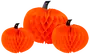 Sæt med tre orange papirgræskar med sort stilk i forskellige størrelser. Perfekt til Halloween eller efterårsdekoration. Let, foldbar og nem at samle.