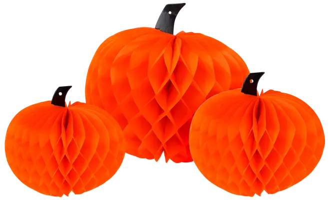 Sæt med tre orange papirgræskar med sort stilk i forskellige størrelser. Perfekt til Halloween eller efterårsdekoration. Let, foldbar og nem at samle.