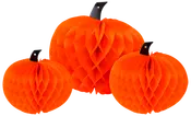 Sæt med tre orange papirgræskar med sort stilk i forskellige størrelser. Perfekt til Halloween eller efterårsdekoration. Let, foldbar og nem at samle.