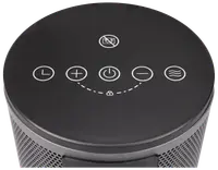 Svart luftrenare med touchpanel, timer, ström, fläkthastighet och barnlås. Rund design med ventilerade sidor för luftintag och filtrering.