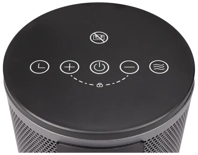 Sort luftrenser med touch-kontrolpanel, der har timer, tænd/sluk, ventilationshastighed og børnesikring. Rundt design med ventilerede sider til luftindtag og filtrering.
