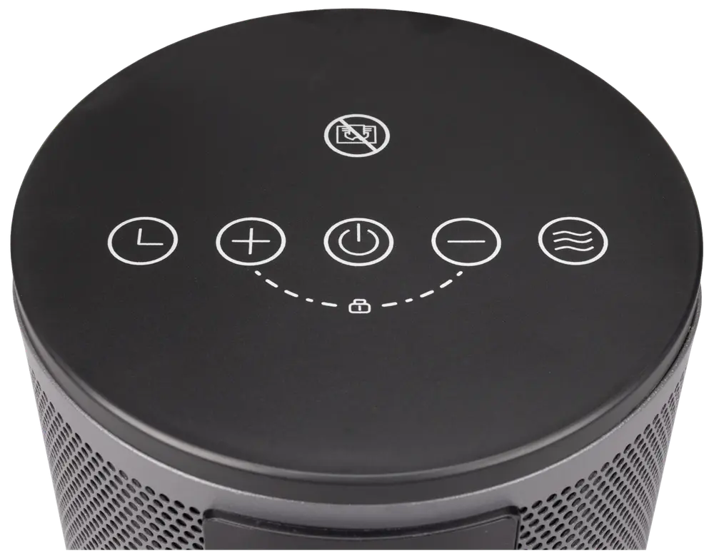 Svart luftrenare med touchpanel, timer, ström, fläkthastighet och barnlås. Rund design med ventilerade sidor för luftintag och filtrering.