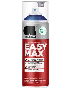 Cosmos Lac Easy Max akrylspraymaling, 400 ml dåse, egnet til metal, træ, stof og plast. Giver dobbelt dækning, tørrer hurtigt og har satinfinish. Rød og sølv design.
