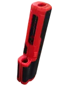 Rød og sort afisoleringstang med ergonomisk greb, designet til at fjerne isolering fra elektriske ledninger. Har indbygget kniv og justerbar mekanisme til forskellige ledningsstørrelser.